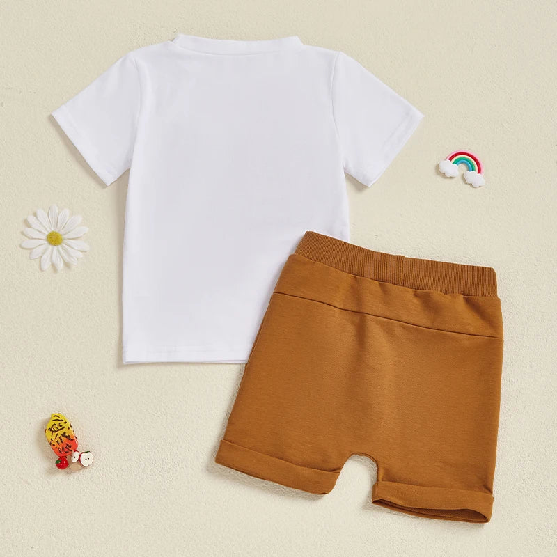 Toddler Boy Summer Outfit Tree/Excavator Embroidered Short Sleeve Round Neck T-Shirt +Solid Shorts 2Pcs Set