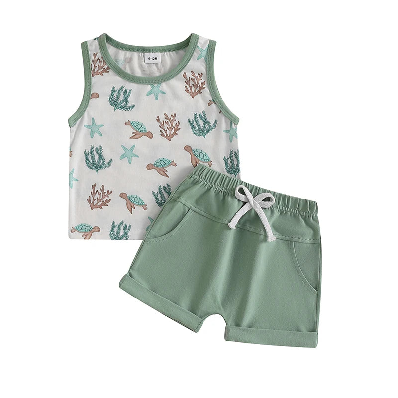 Infant Toddler Baby Boy Summer Clothes Sleeveless Pattern Print Tank Vest Top Solid Jogger Shorts Set Beach Outfit