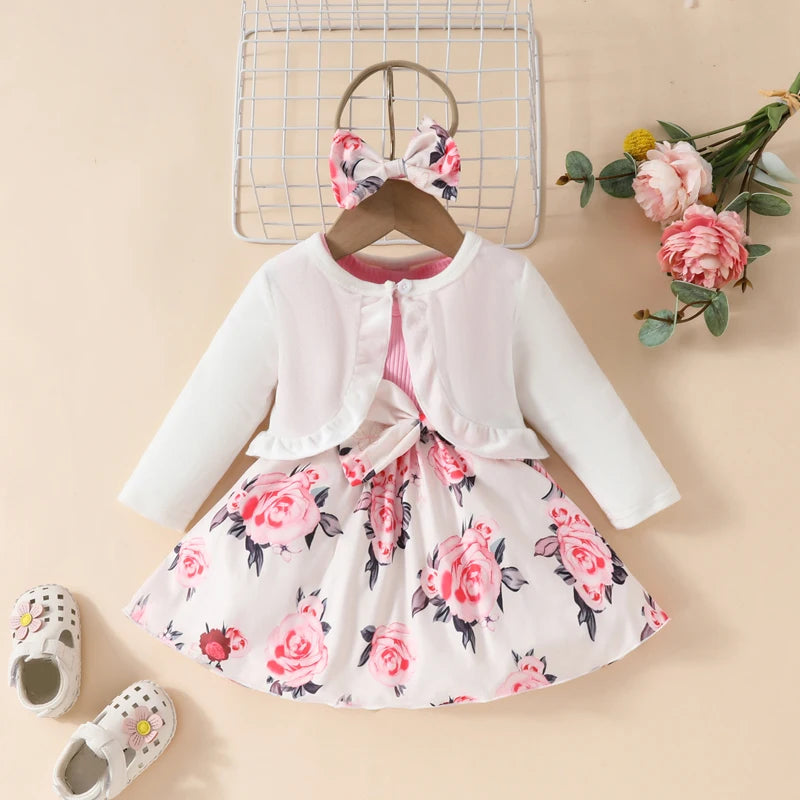 Toddler Girls Outfits Floral A-Line Sleeveless Dress Long Sleeves Jacket and Headband for Summer Clothes