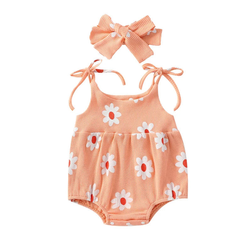 Toddler Baby Girl Jumpsuit Set Summer Floral Print Bandage Sleeveless Rompers Stretch Headband