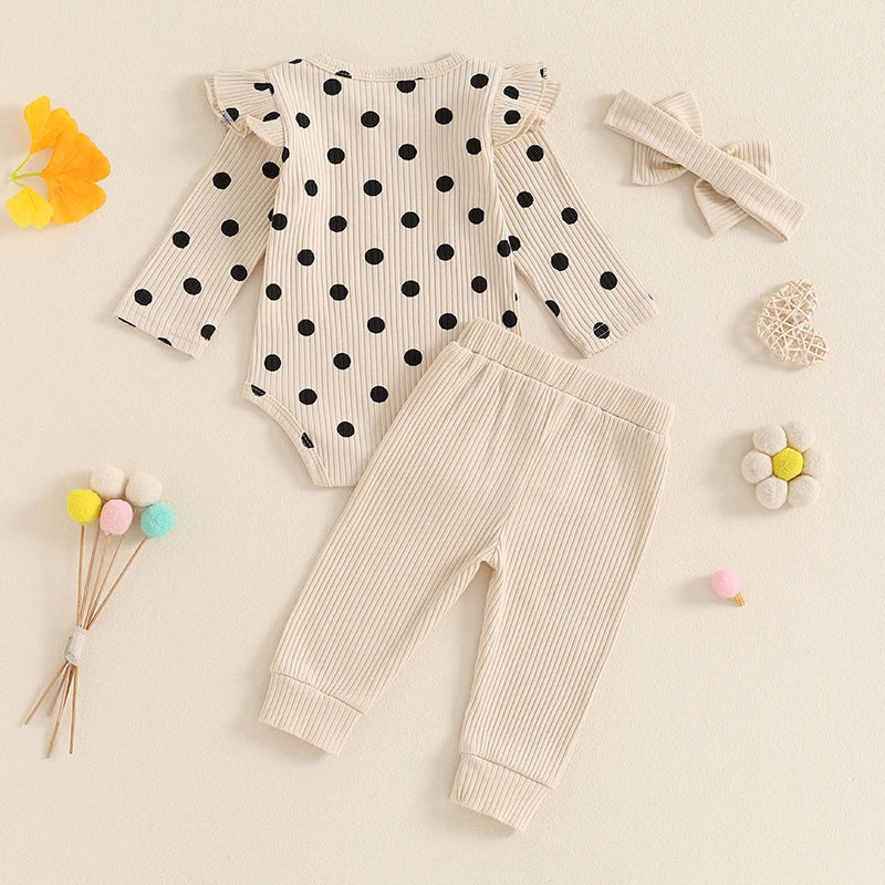 Baby Girls Fall Outfit, Long Sleeve Dots Print Romper with Pants and Bowknot Headband Clothing Set
