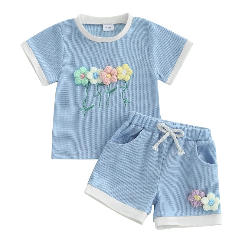 Toddler Girl Summer Waffled Clothes 3D Flower Short Sleeve Round Neck Tops Elastic Waist Shorts Outfit