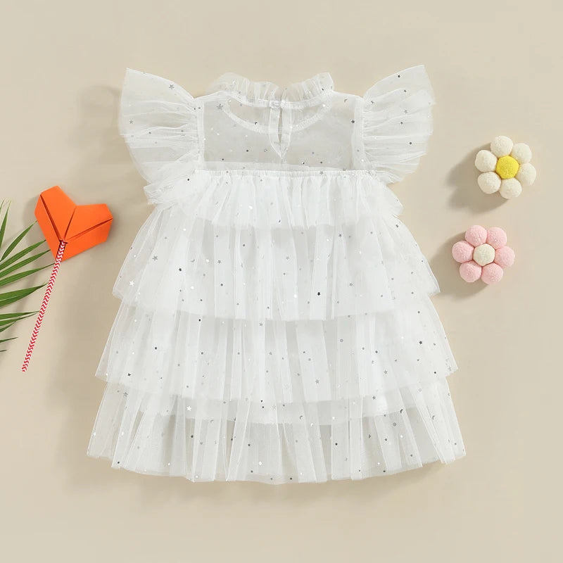 Toddler Kids Girls Dress Stars Moon Sequins Fly Sleeve Princess Dress Ruffles Tulle Dress