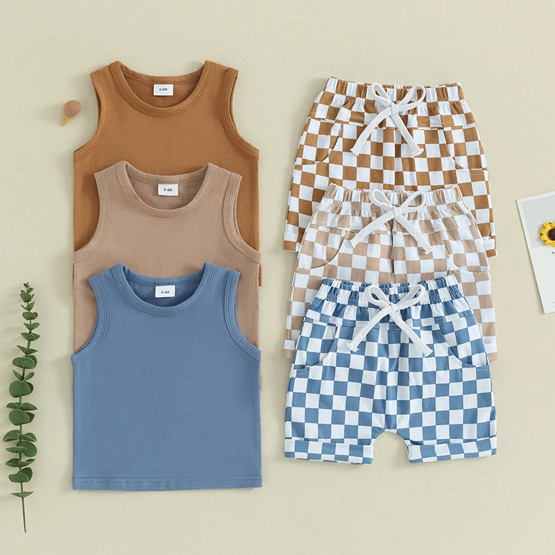 Summer Baby Boy Clothes Solid Sleeveless Tank Top Checkered Shorts 2Pcs Outfit Set