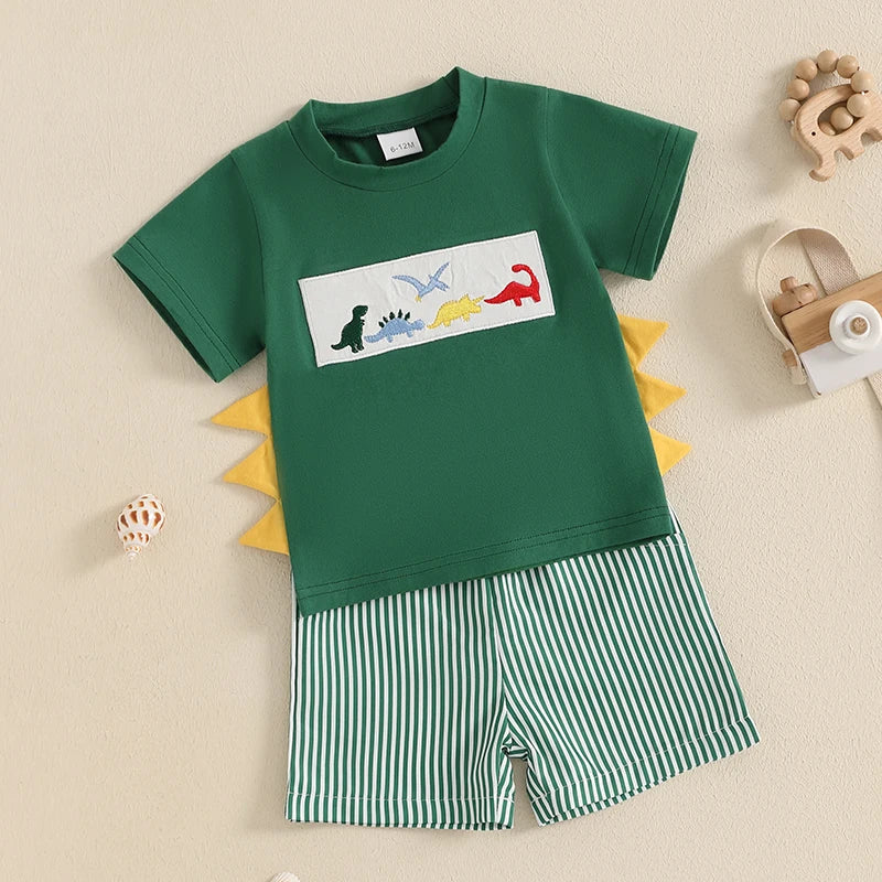 Toddler Baby Boy Shorts Set Whale/Dinosaur/Turtle Short Sleeve T-shirts Striped Elastic Waist Shorts Summer Outfit