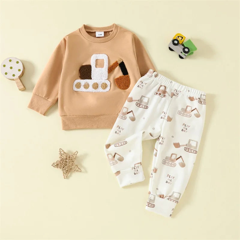 Toddler Baby Boy Outfit Car Embroidery Long Sleeve Pullover Sweatshirt Elastic Waist Pants 2 Piece Set