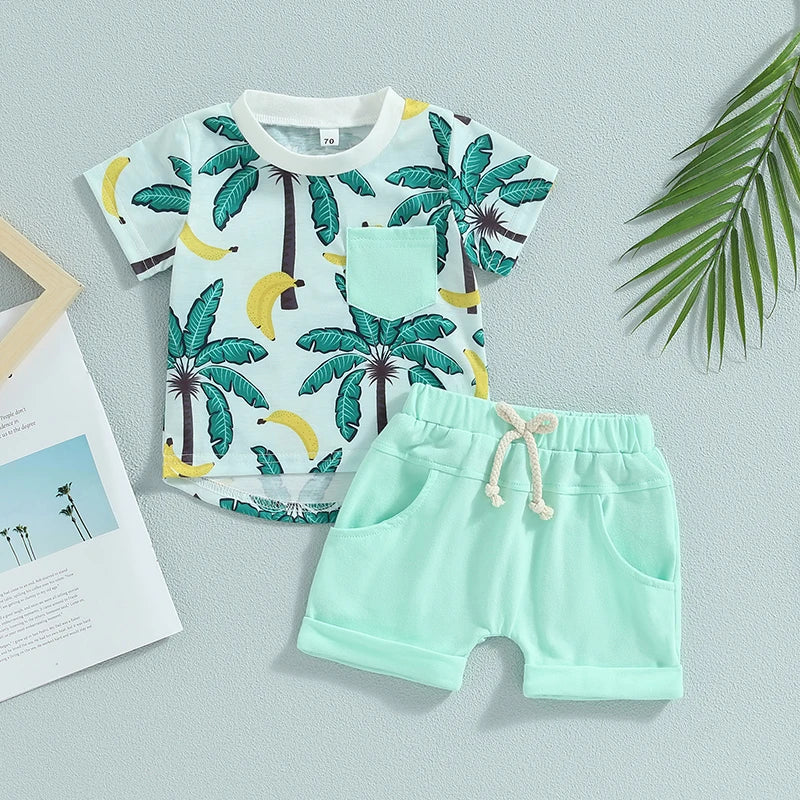Toddler Baby Boy 2Pcs Summer Clothes Beach Tree Print Short Sleeve Crew Neck T-Shirts Shorts