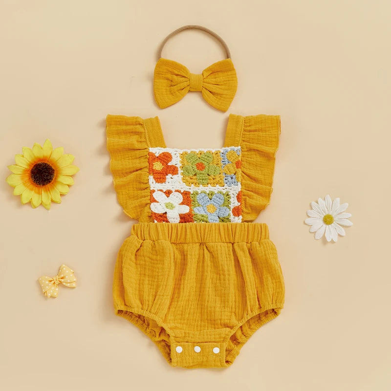 Summer Baby Girl Crochet Flower Romper Flying Sleeve Bodysuit with Bow Headband Outfit