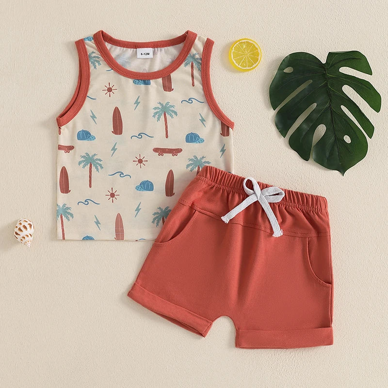 Infant Toddler Baby Boy Summer Clothes Sleeveless Pattern Print Tank Vest Top Solid Jogger Shorts Set Beach Outfit