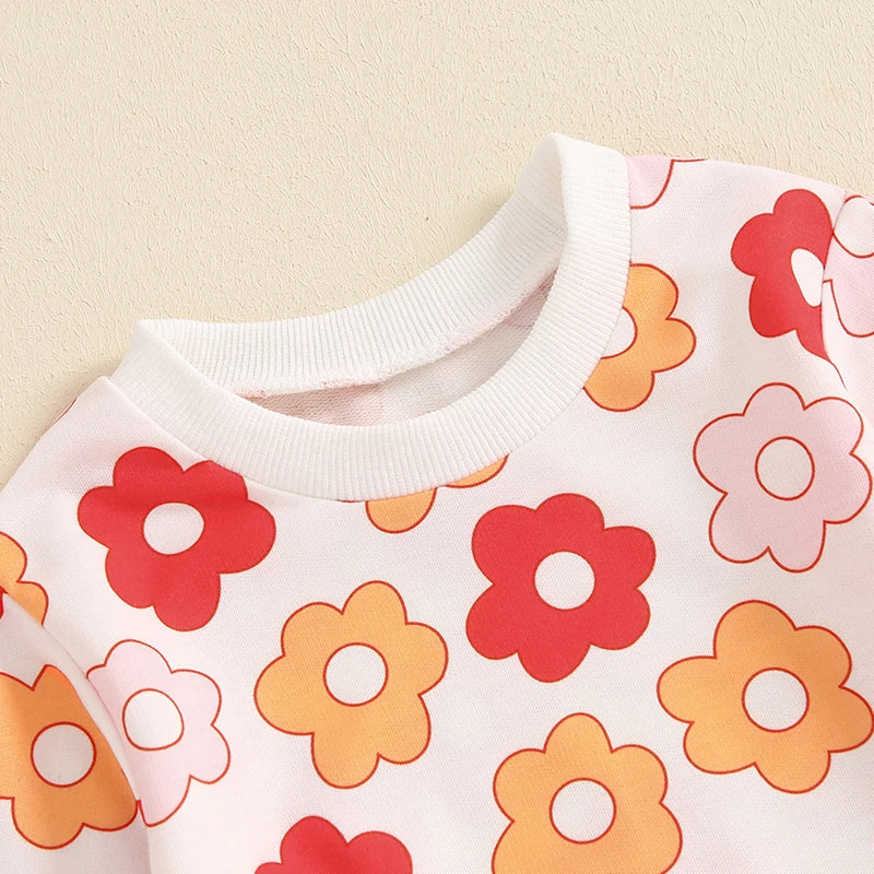 Toddler Girl Fall Outfits Floral Print Crew Neck Long Sleeve Sweatshirts and Long Pants 2Pcs Clothes Set