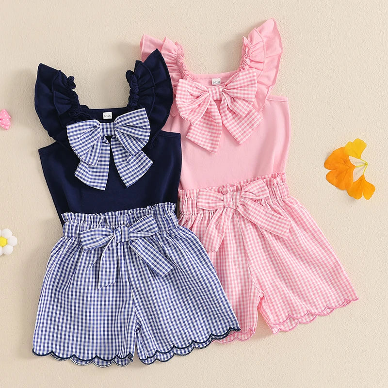 Toddler Girl Summer Clothes Sleeveless Ruffled Tank Tops + Bow Decor Plaid Print Shorts 2Pcs Set