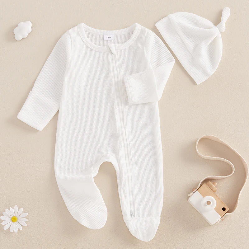 Baby Solid Color Waffle Long Sleeve Crew Neck Zipper Footed Jumpsuit with Hat