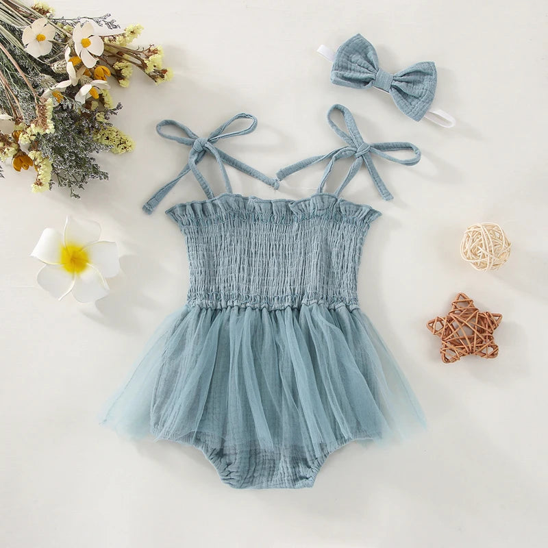 2Pcs Summer Newborn Infant Baby Girls Boys Sleeveless Strap Ruffles Lace-Up Pleated Mesh Loose Romper+Hairband