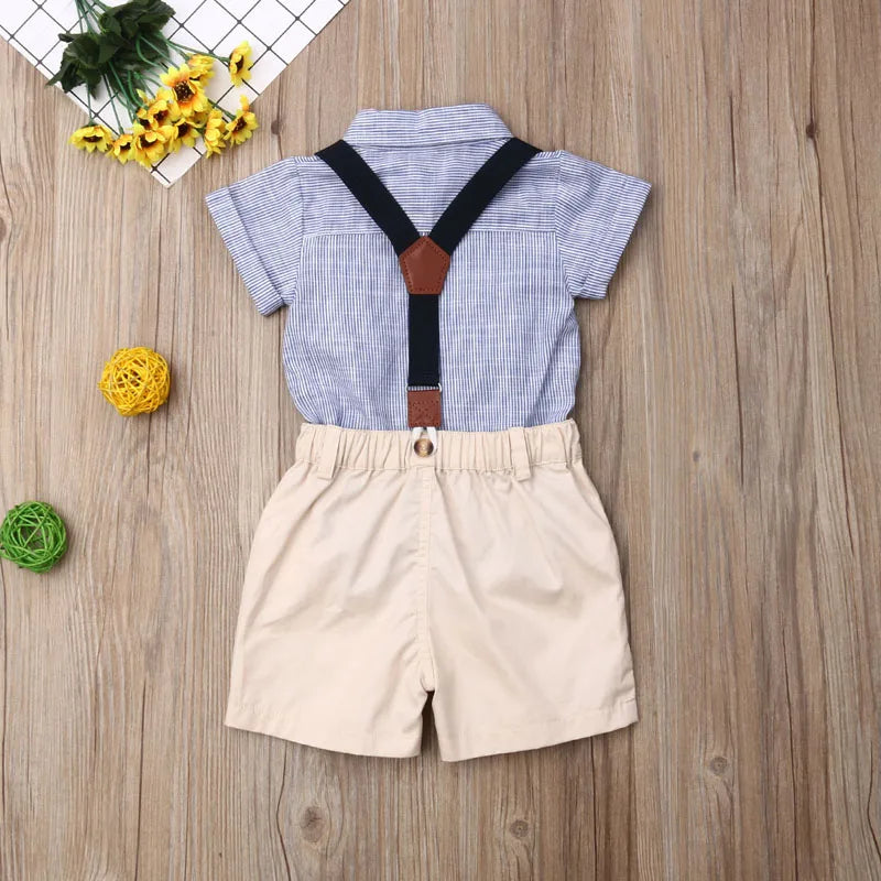 Newborn Boys Summer Clothes Stripe Short Sleeve Gentleman 2PCS Set Romper + Bib Pant Baby School Outfit Outfits