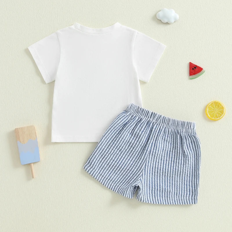 Toddler Baby Boy Shorts Set Boat Embroidery Short Sleeve T-shirt Striped Elastic Waist Shorts Summer Outfit