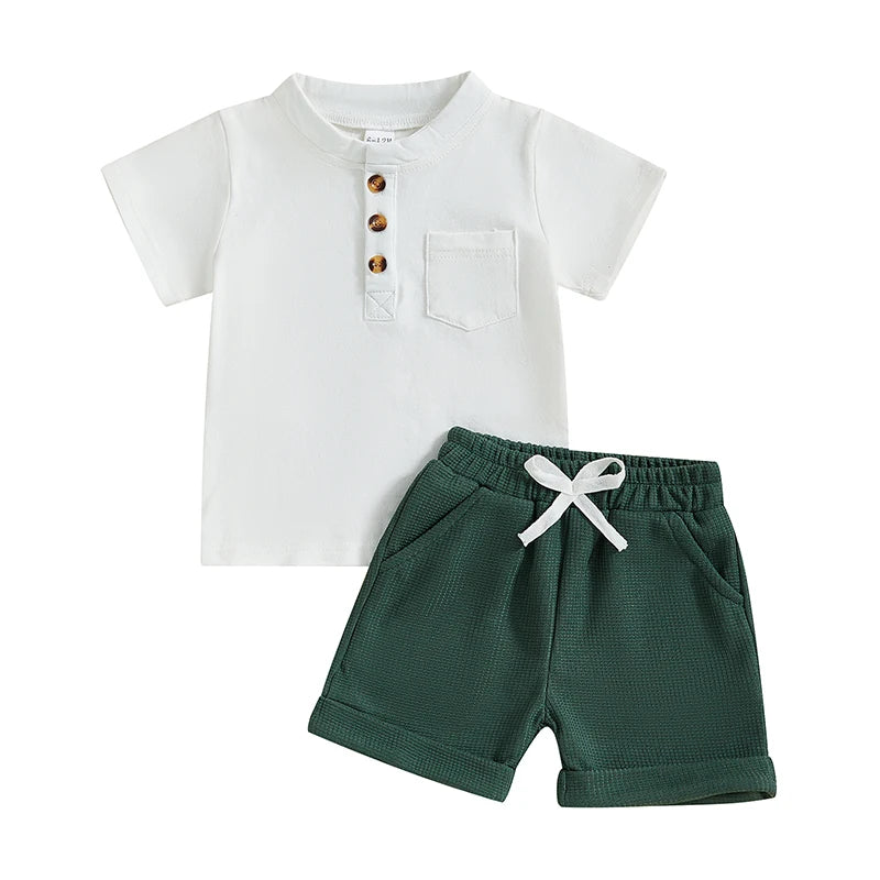 Summer Toddler Boys Shorts Sets Short Sleeve O Neck Button Up Tops and Solid Color Shorts Set