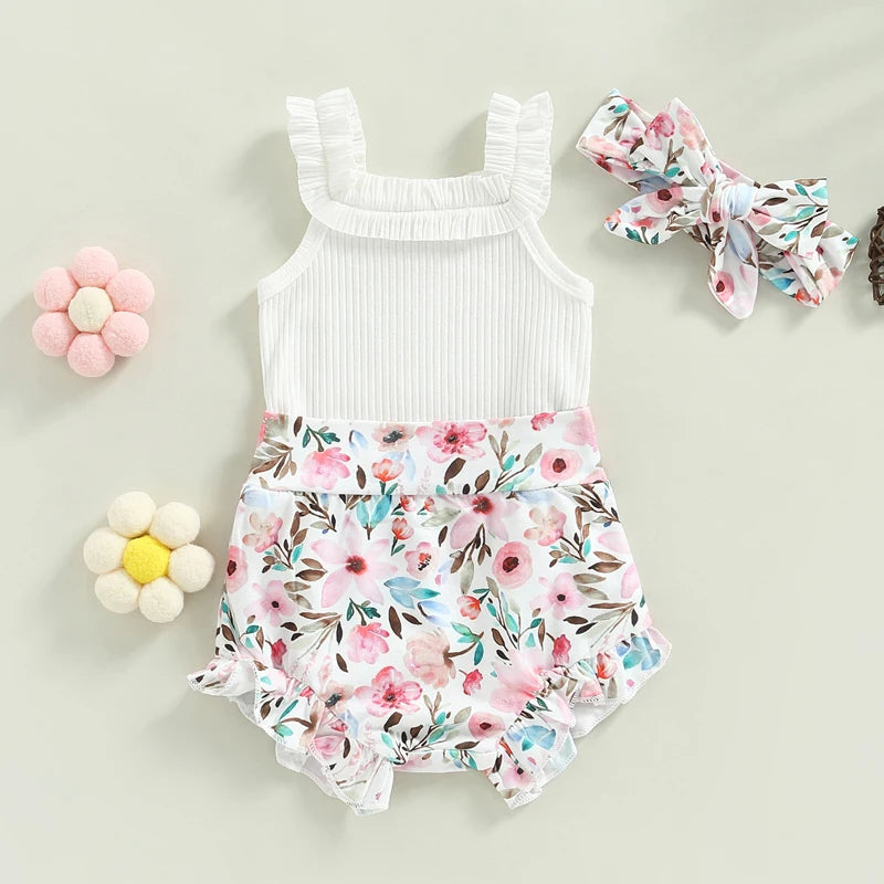 Infant Baby Girls Shorts Set Sleeveless Romper Flower/Rainbow/ Print Shorts Hairband