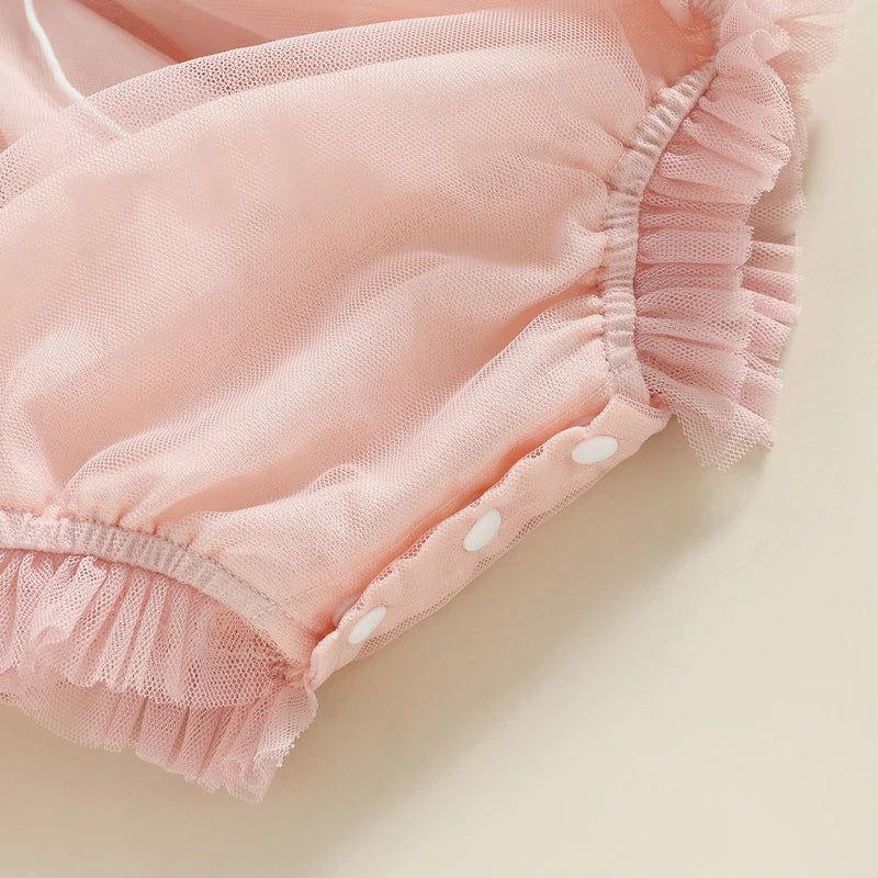 Newborn Baby Girls Bodysuit Fly Sleeve Embroidery Pleated Lacing Summer Jumpsuit