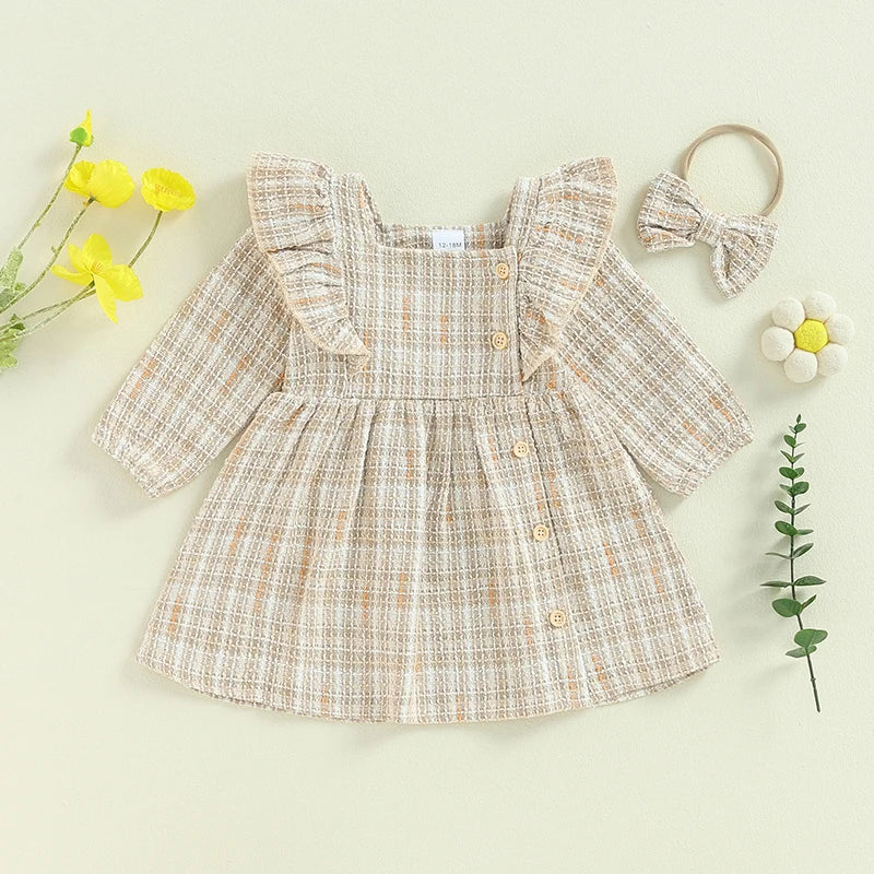 Toddler Girls Dress Square Neck Ruffles Buttons Long Sleeve Casual Fall Princess Dress with Headband