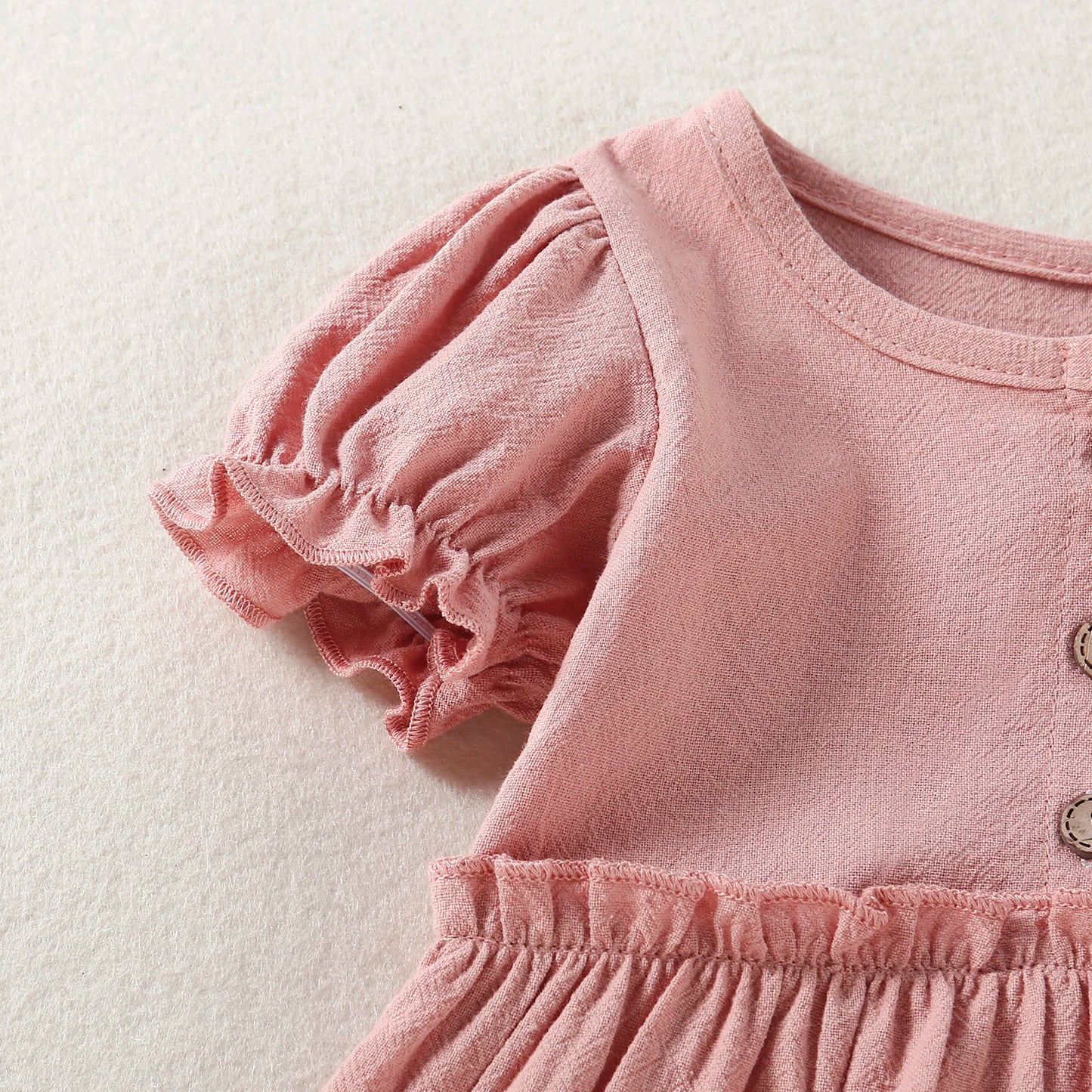 Newborn Girl Short Sleeve Romper Solid Button Round Neck Patchwork Dress Style Playsuit Simple Bodysuit