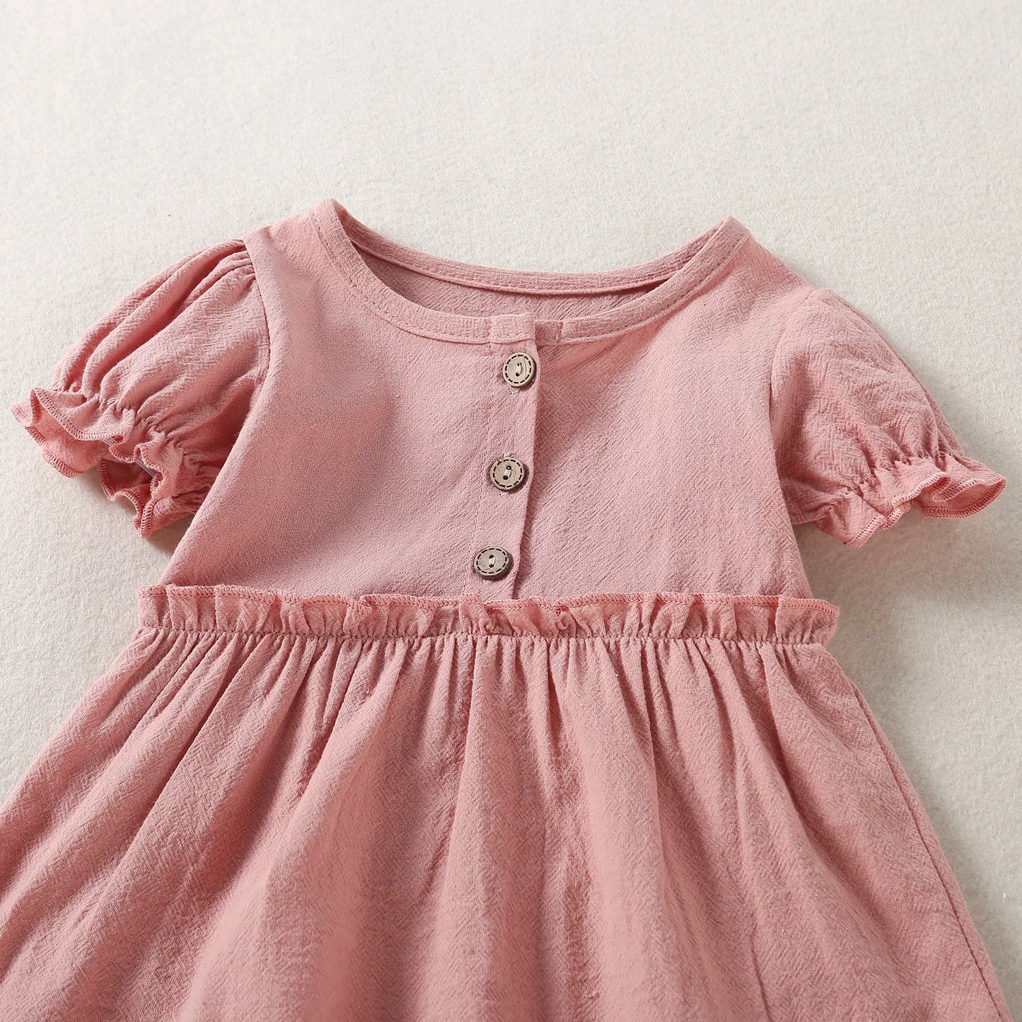 Newborn Girl Short Sleeve Romper Solid Button Round Neck Patchwork Dress Style Playsuit Simple Bodysuit