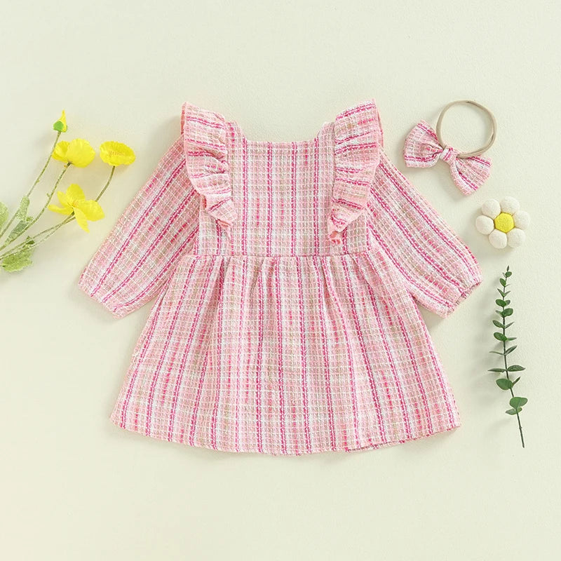 Toddler Girls Dress Square Neck Ruffles Buttons Long Sleeve Casual Fall Princess Dress with Headband