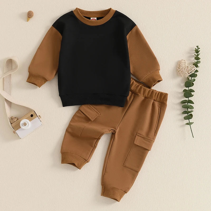 Toddler Baby Boy 2Pcs Outfit Long Sleeve Contrast Color Sweatshirt + Cargo Pants Set Clothes