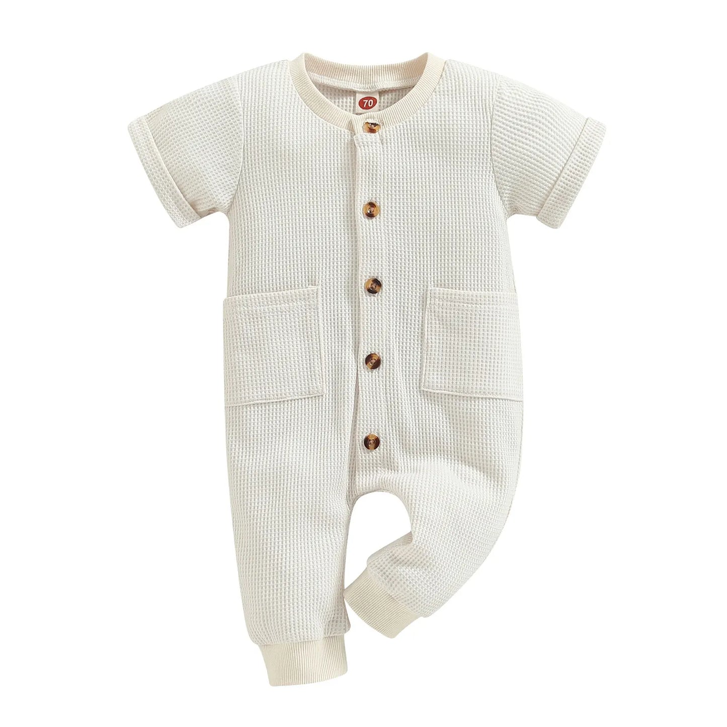 Baby Boys Jumpsuit Solid Color Short Sleeve O Neck Button Down Romper with Pockets