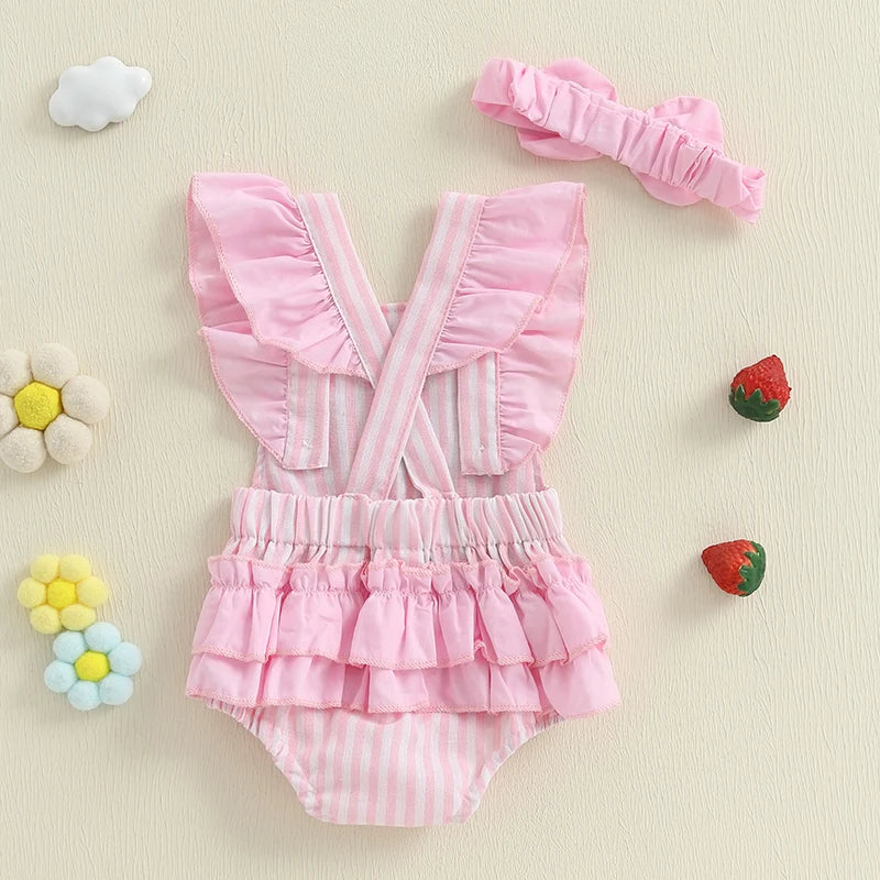 Newborn Girl Outfit Striped Embroidery Strawberry Fly Sleeve Romper with Bowknot Hairband
