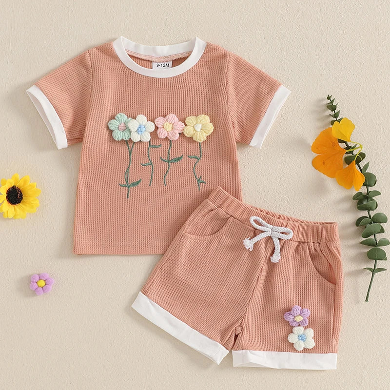 Toddler Girl Summer Waffled Clothes 3D Flower Short Sleeve Round Neck Tops Elastic Waist Shorts Outfit