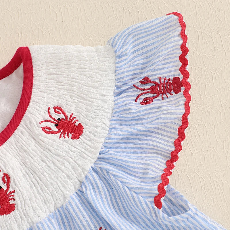 Girls Summer Casual Mini Dress Lobster Embroidery Striped Print Ruffles O-neck Party A-line Dress