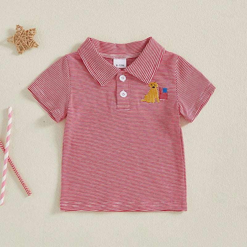 Toddler Baby Boy Embroidered Striped Collared Short Sleeve Summer Polo Top