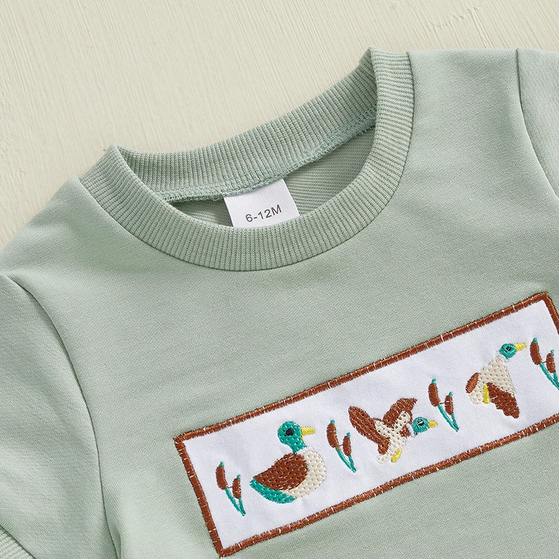 Toddler Baby Boys Summer Outfits Duck Embroidery Short Sleeves T-Shirt and Elastic Camouflage Shorts Clothes Set