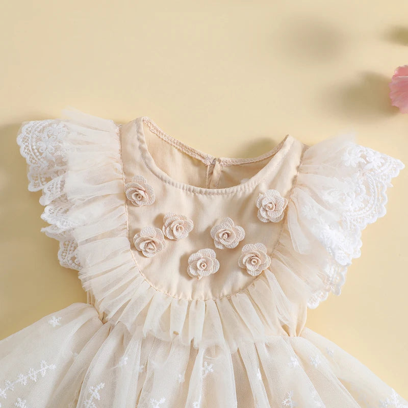 Baby Girls Dress Fly Sleeve Crew Neck Flower Lace Tulle Patchwork A-line Romper Dress