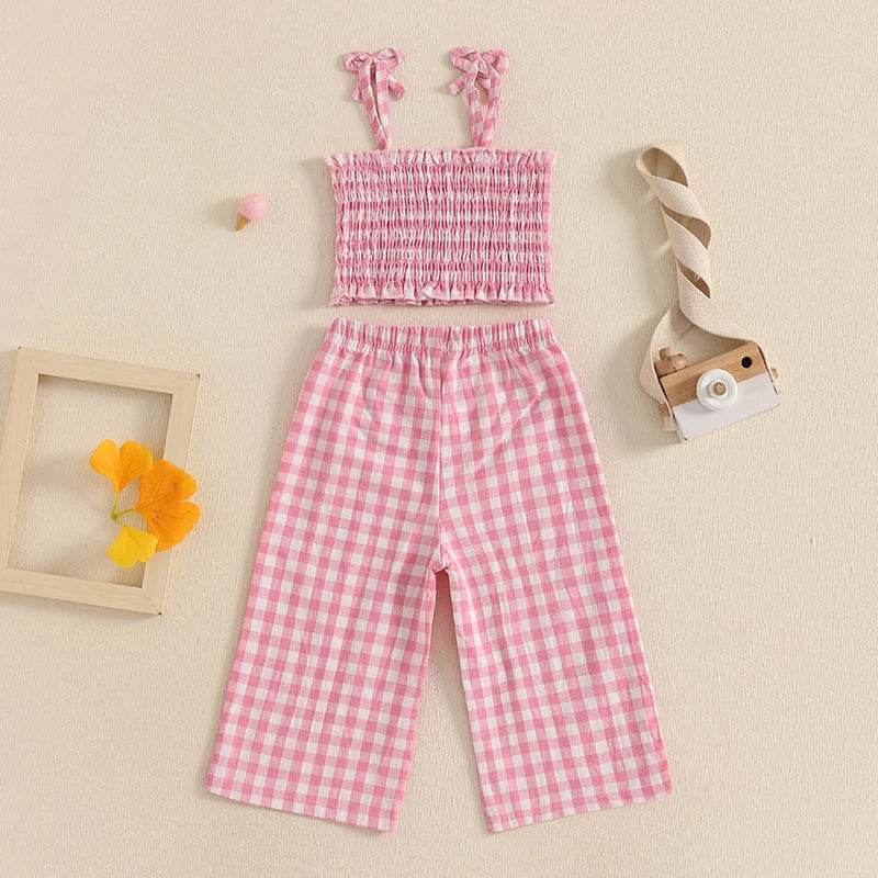 Toddler Baby Girl 2Pcs Summer Outfits Sleeveless Plaid Print Cami Tops + Pants Set Clothes