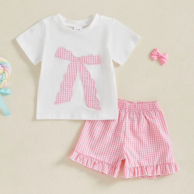 Toddler Baby Girl Summer Outfit Bow Embroidery Short Sleeve Tops Plaid Ruffle Shorts Set