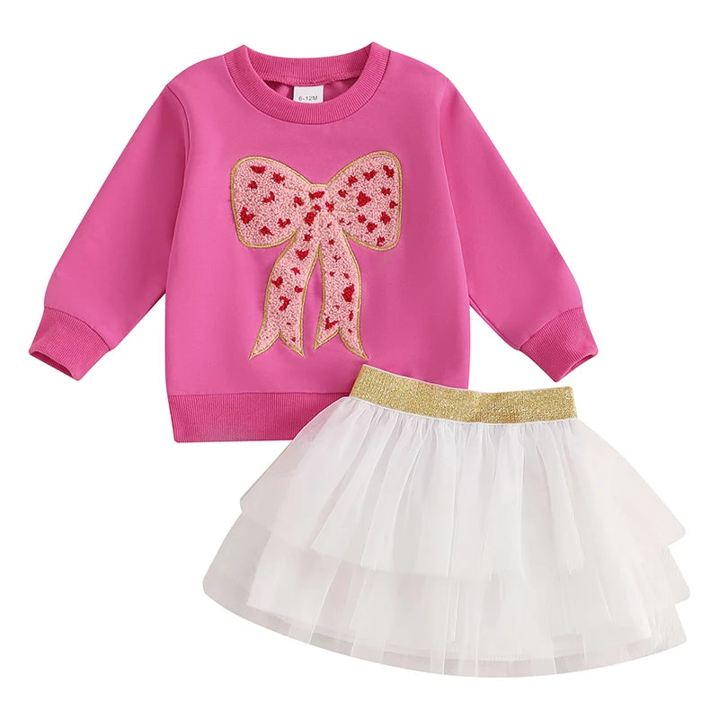 Girl Fall Outfit Bow Embroidery Long Sleeve Sweatshirt with A Line Tulle Skirt