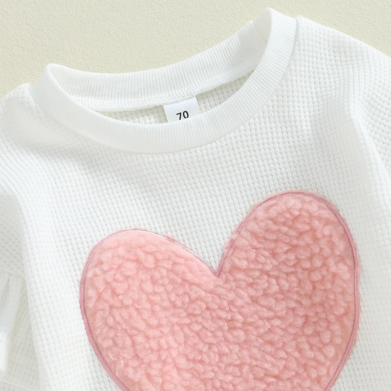 Toddler Girls Fall Outfits Heart Embroidery Ruffles Long Sleeve Sweatshirt and Elastic Sweatpants Set