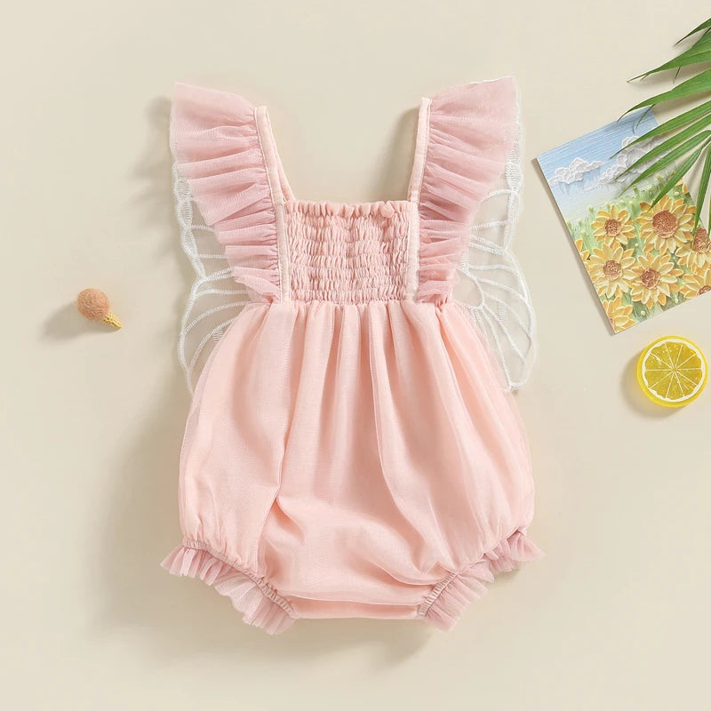 Newborn Baby Girls Bodysuit Fly Sleeve Embroidery Pleated Lacing Summer Jumpsuit