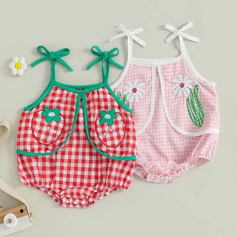Baby Girl Summer Plaid Romper Sleeveless Flower Embroidery Strappy Shoulder Cami Jumpsuit