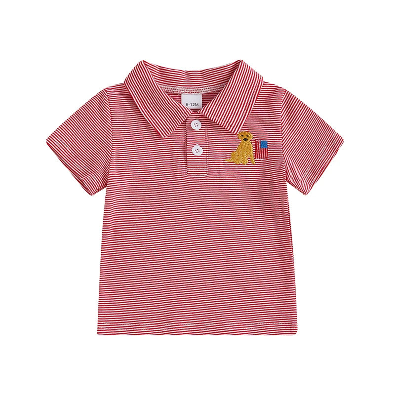 Toddler Baby Boy Embroidered Striped Collared Short Sleeve Summer Polo Top