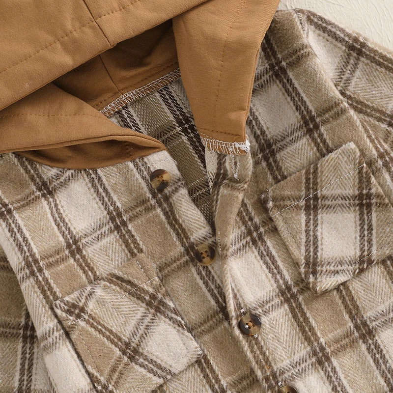 Toddler Baby Boys Plaid Pocket Button Long Sleeve Hooded Cardigan Jackets Tops Outwear