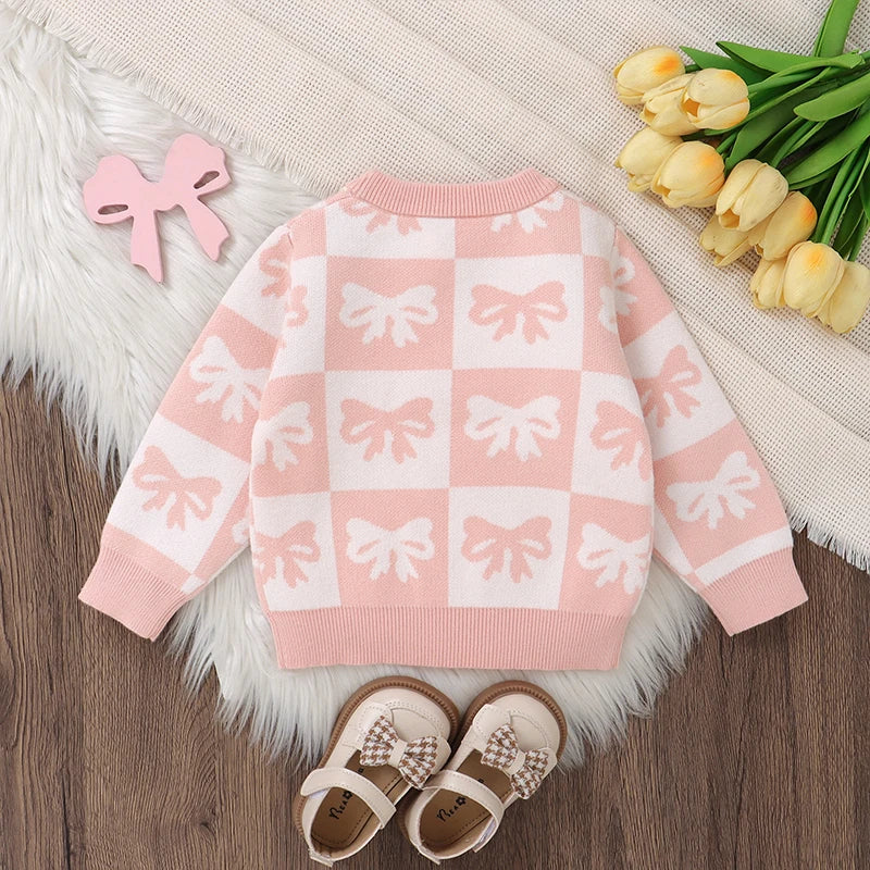 Toddler Girls Sweater Bowknot Print Contrast Color Crew Neck Long Sleeve Baby Pullovers Fall Clothes Tops