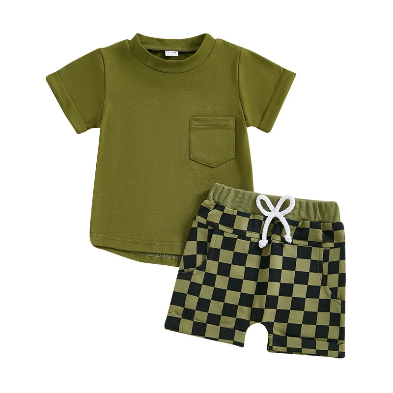 Toddler Baby Boy Summer Outfits Solid Color Short Sleeve T-shirt Checkered Shorts 2Pcs Set