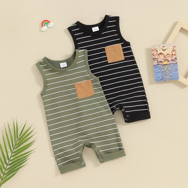 Summer Newborn Baby Boys Rompers Clothing Striepd Print Sleeveless Pocket Jumpsuits Long Pants Baby Overalls