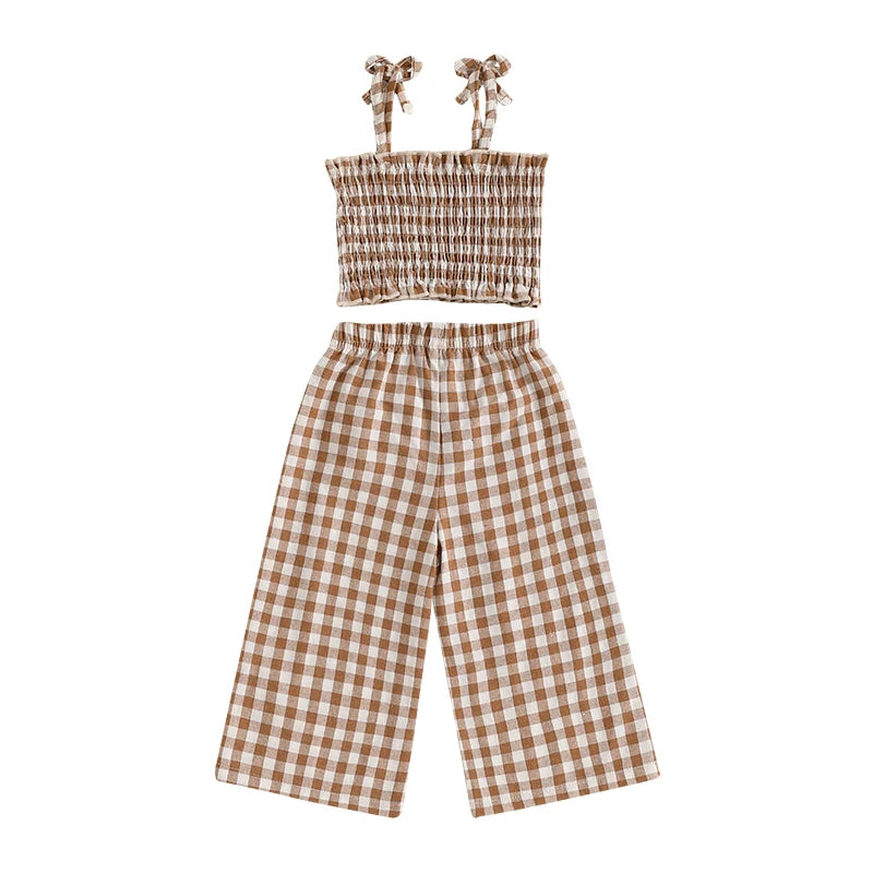 Toddler Baby Girl 2Pcs Summer Outfits Sleeveless Plaid Print Cami Tops + Pants Set Clothes