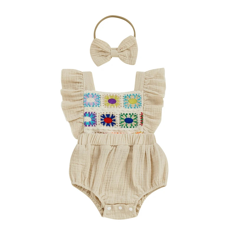 Summer Baby Girl Crochet Flower Romper Flying Sleeve Bodysuit with Bow Headband Outfit