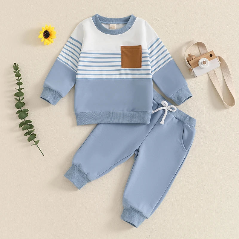 Kids Boys Outfit Long Sleeve Stripes Sweatshirt with Elastic Waist Sweatpants Fall Outfit