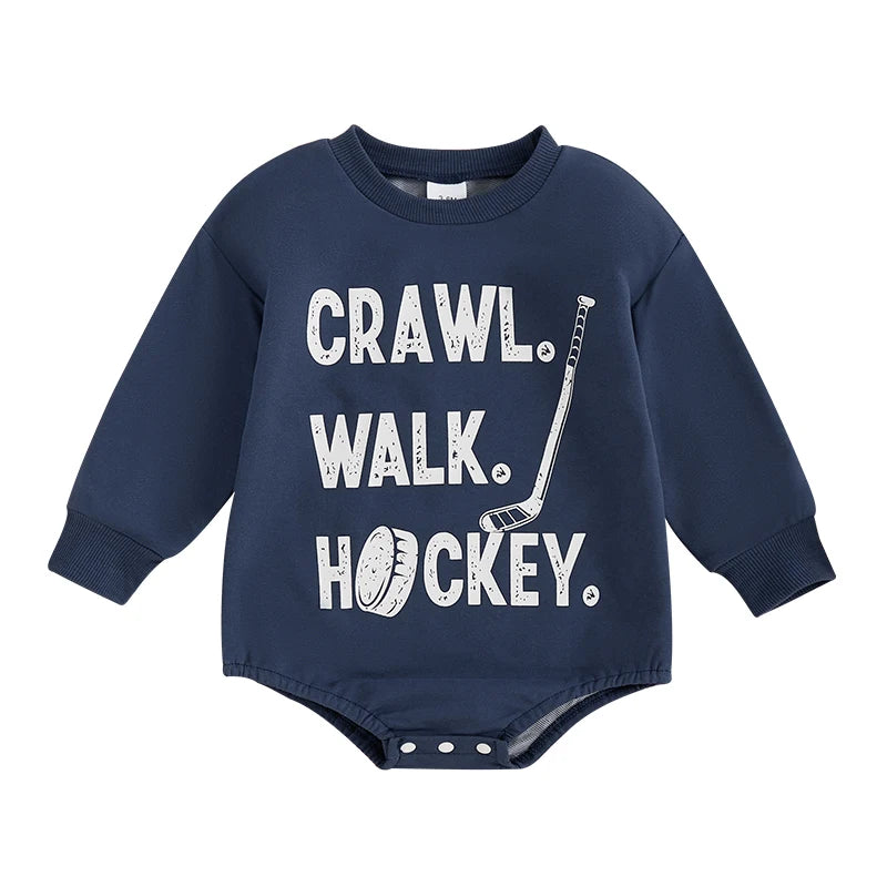 Baby Boy Romper Long Sleeve Round Neck Hockey Print Bodysuit Playsuit