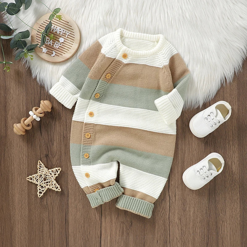 Baby Boy Sweater Romper Striped Crew Neck Long Sleeve Full Length Jumpsuit
